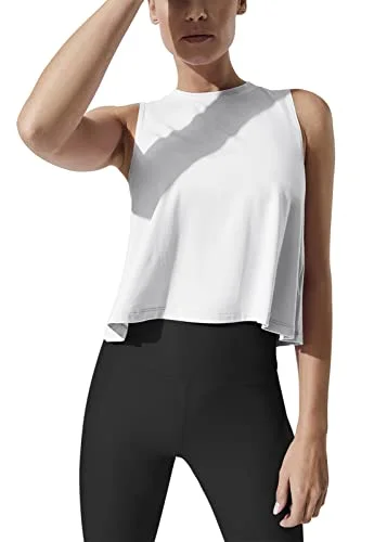 Mippo Cropped Workout Tops for Women Cute Workout Shirts Sleeveless Tops Womens Crop Muscle Tanks Flowy Loose Crop Tops High Neck Tank Tops White M