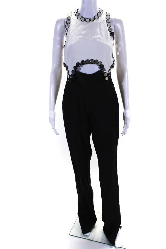 David Koma Womens Mirror Accent Cutout Sleeveless Jumpsuit White Black