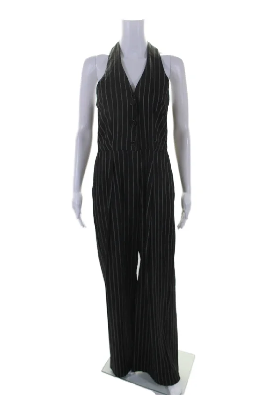 Marella Womens Linen Striped Sleeveless Buttoned Straight Jumpsuit Black