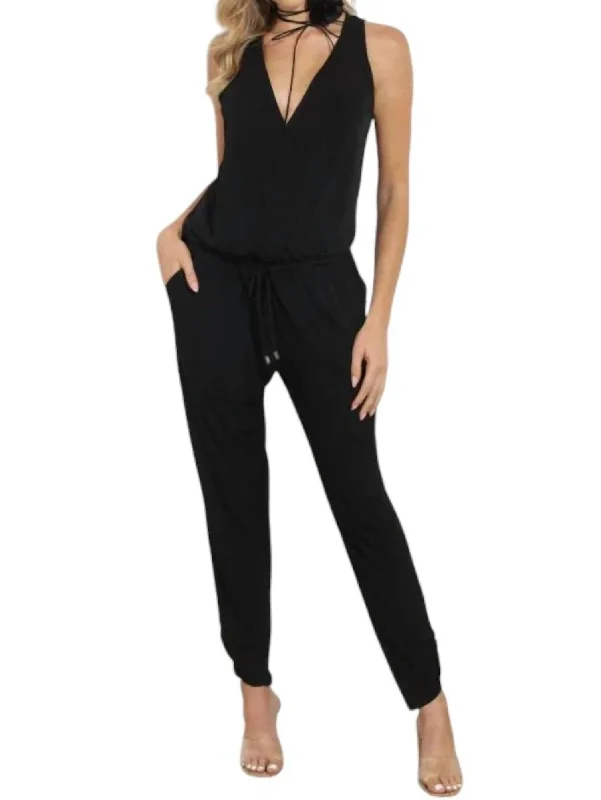 Shirred Ankle Stretch Jumpsuit In Black