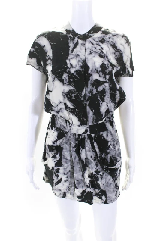 Thakoon Womens Button Front Short Sleeve Tie Dyed Silk Romper Black White XS