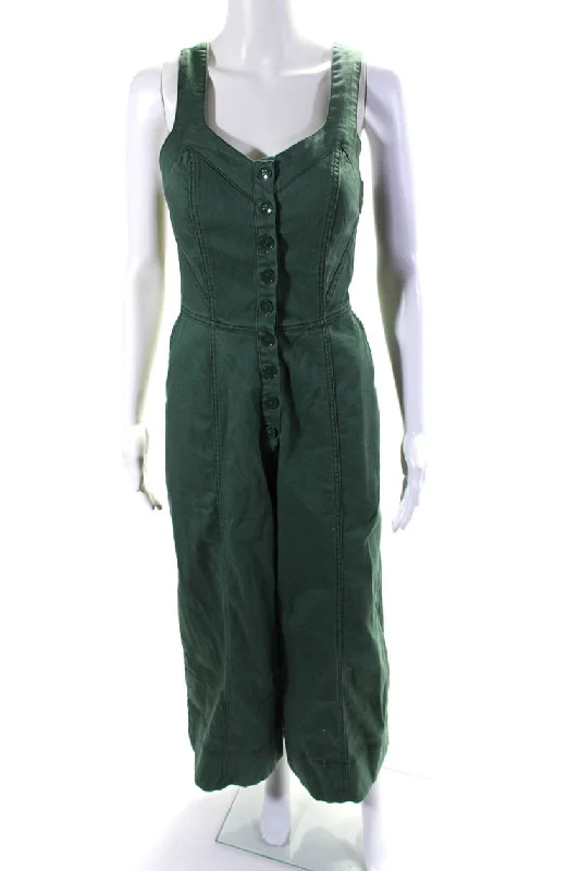 Ulla Johnson Womens Button Back Square Neck Flare Leg Jumpsuit Green