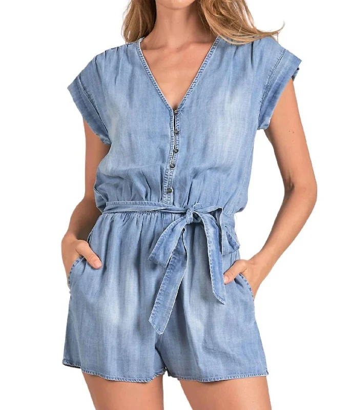 V-Neck Romper In Lt Blue Wash