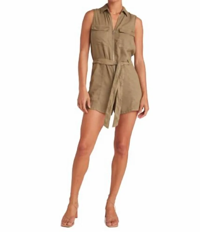 Zip Front Romper In French Olive